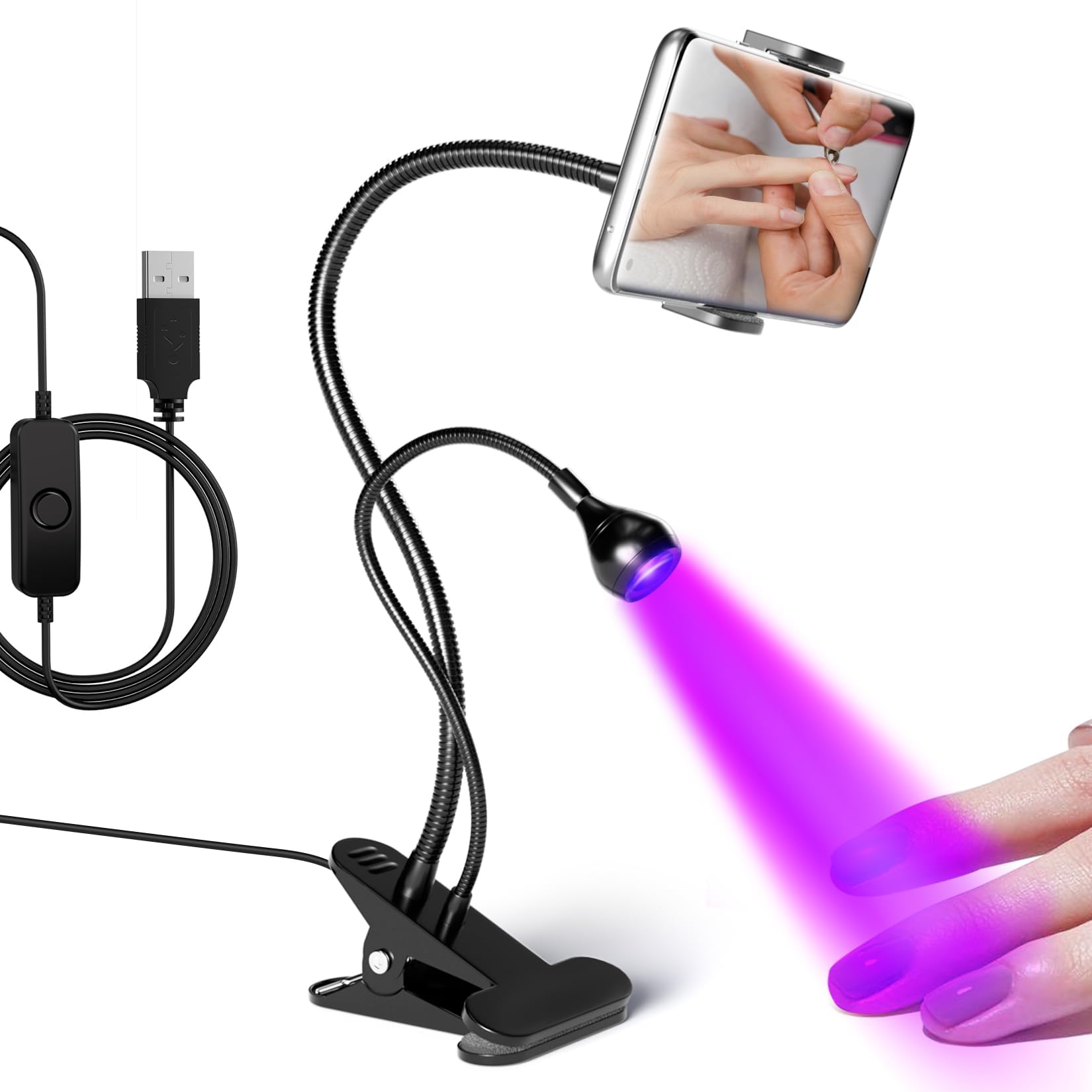 AORAEM Nail Lamp LED Nail Manicure Dryer Curing Light with Black Gooseneck and Clamp for Gel Nails