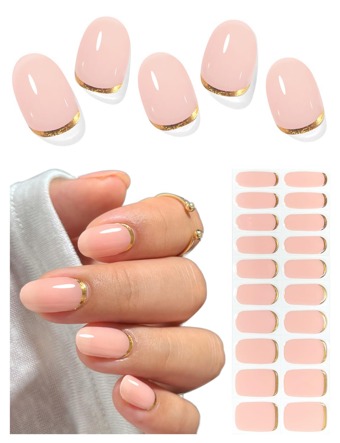 Semi Cured Gel Nail Strips (Gold End), Gold Foil Line Design, Nude, 20 Pcs Gel Nail Wraps, Stickers, UV Light Required, Salon Quality, Long Lasting