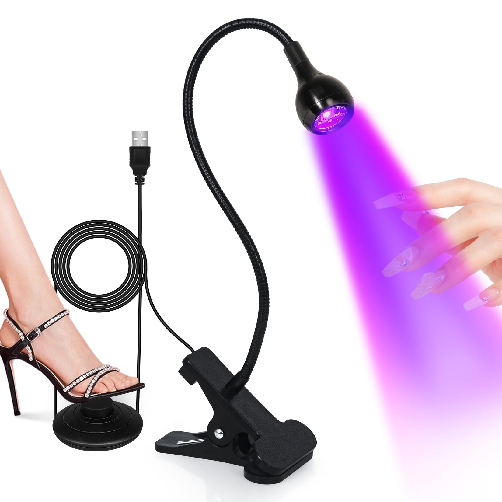 AORAEM Nail Lamp LED Nail Manicure Dryer Curing Light with Black Gooseneck and Clamp for Gel Nails