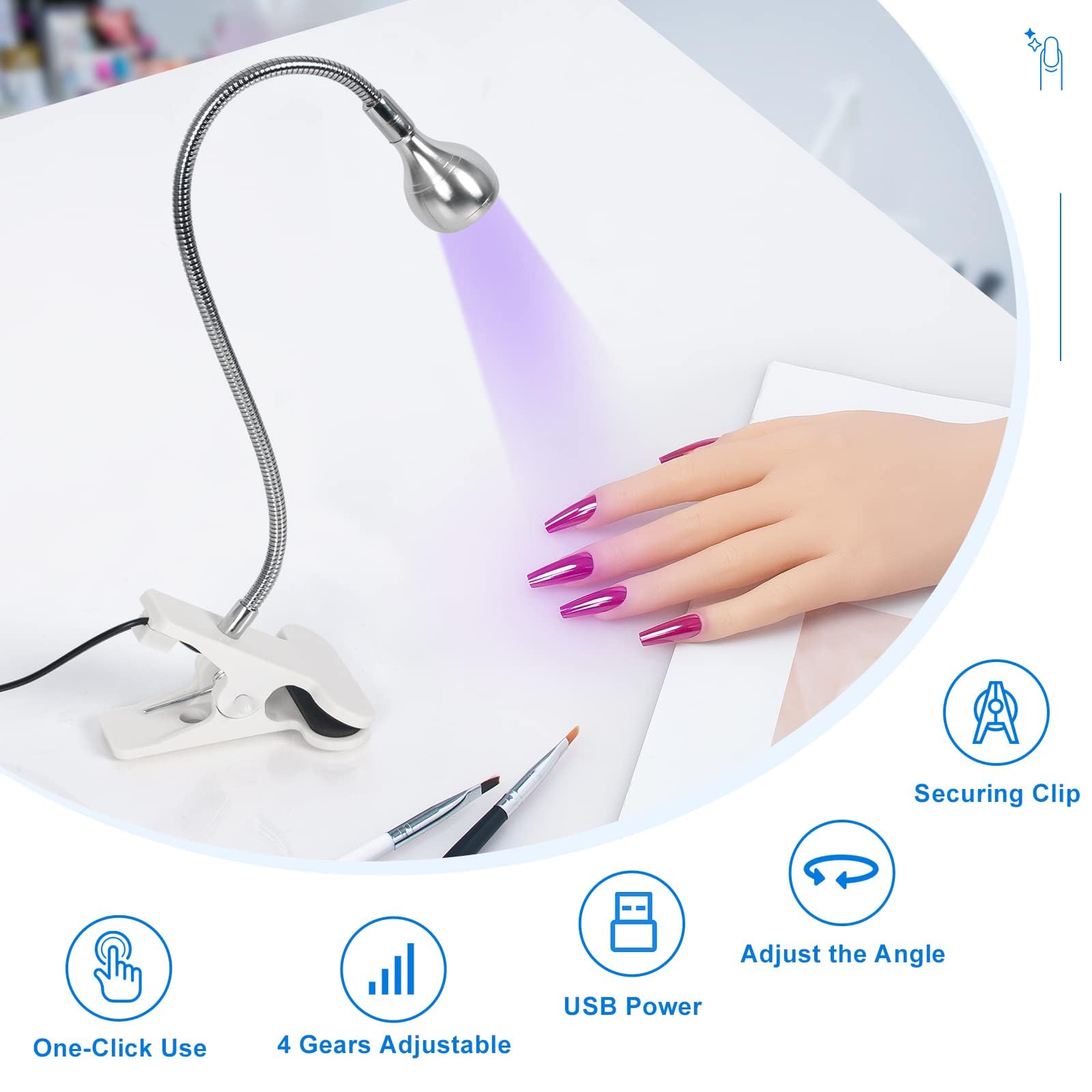 AORAEM Nail Lamp LED Nail Manicure Dryer Curing Light with Black Gooseneck and Clamp for Gel Nails