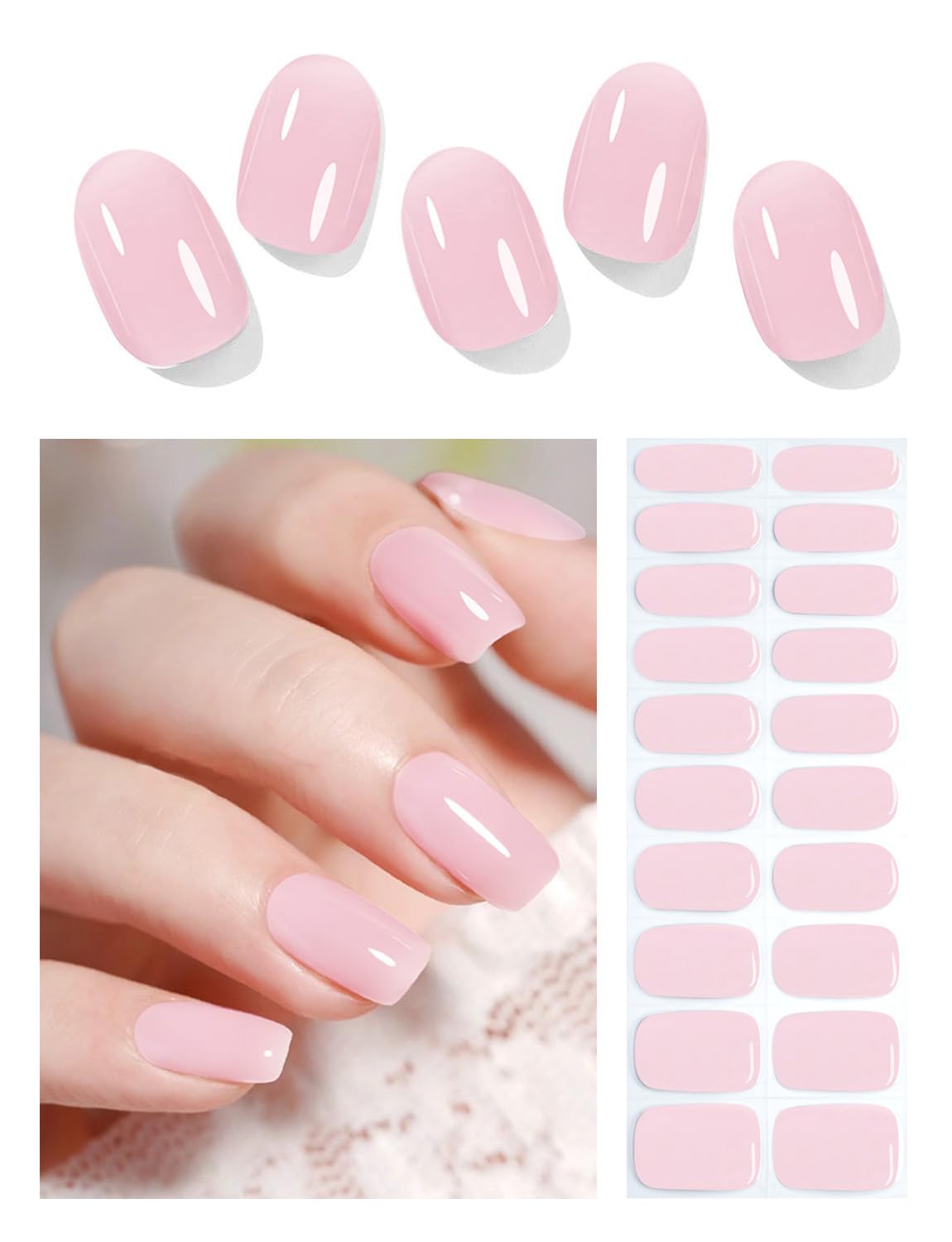 Semi Cured Gel Nail Strips - French Pink Flower Hydrangea Nail Wraps, 20pcs, UV Ready for DIY Nails
