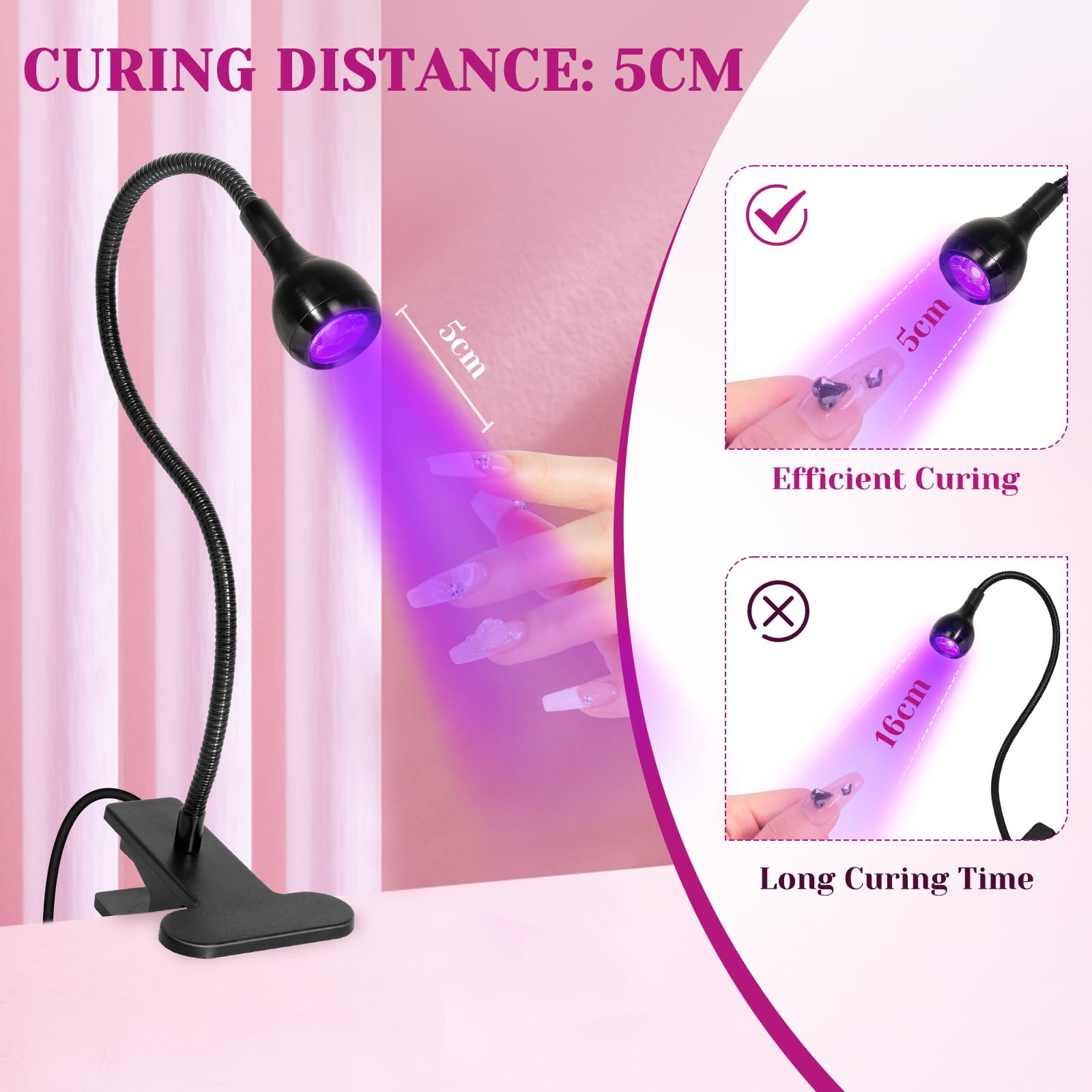AORAEM Nail Lamp LED Nail Manicure Dryer Curing Light with Black Gooseneck and Clamp for Gel Nails
