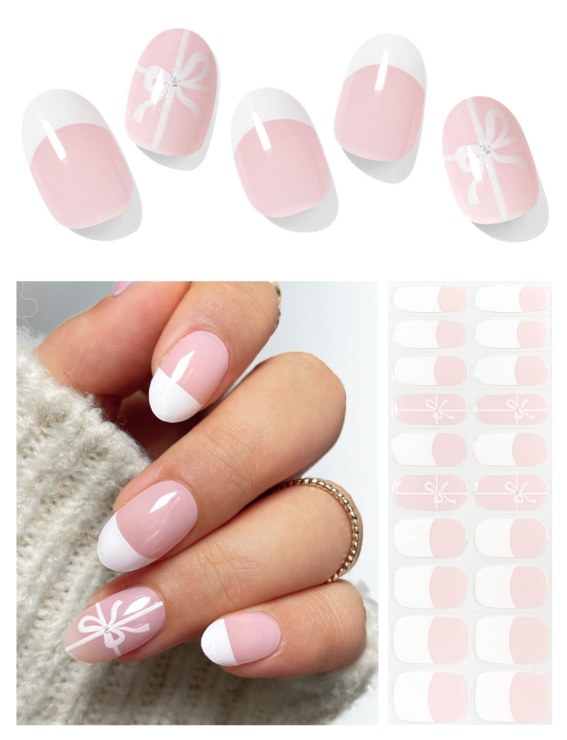 White Bow French Gel Nail Strips
