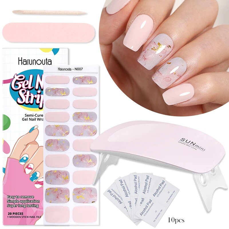 20Tips Glitter Gel Nail Sticker Patch 6W UV Lamp Semi-Cured UV Lamp Need Long Lasting Full Cover Gel Nail Cream Decals Strips