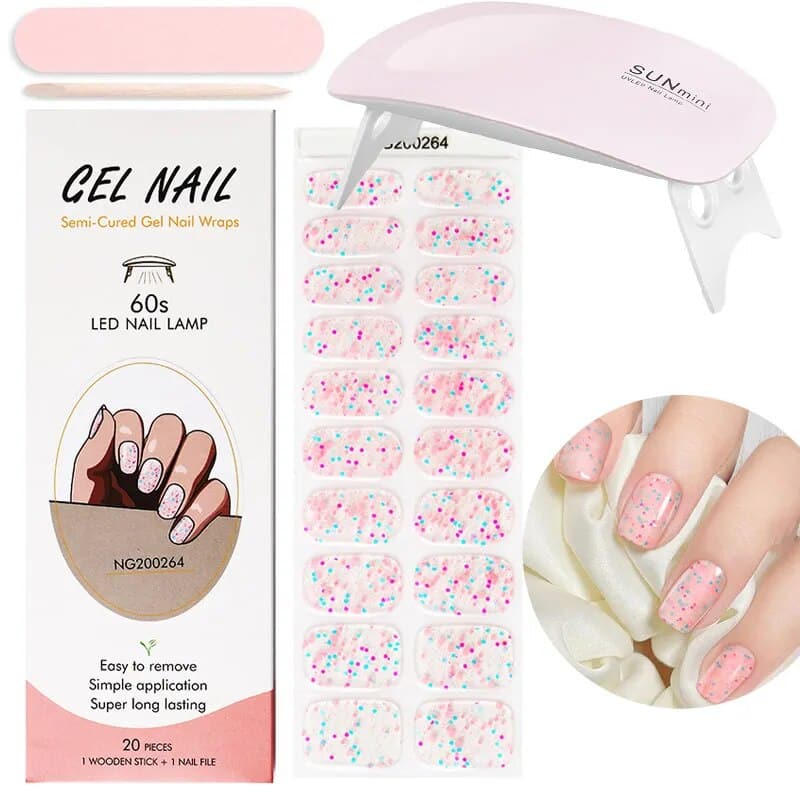 Glitter French UV Gel Nail Sticker Set: Clear Pink, 2Pcs with LED Lamp