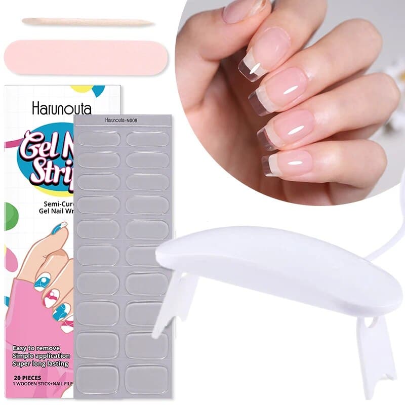 Glitter French UV Gel Nail Sticker Set: Clear Pink, 2Pcs with LED Lamp