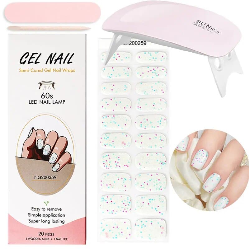 Glitter French UV Gel Nail Sticker Set: Clear Pink, 2Pcs with LED Lamp