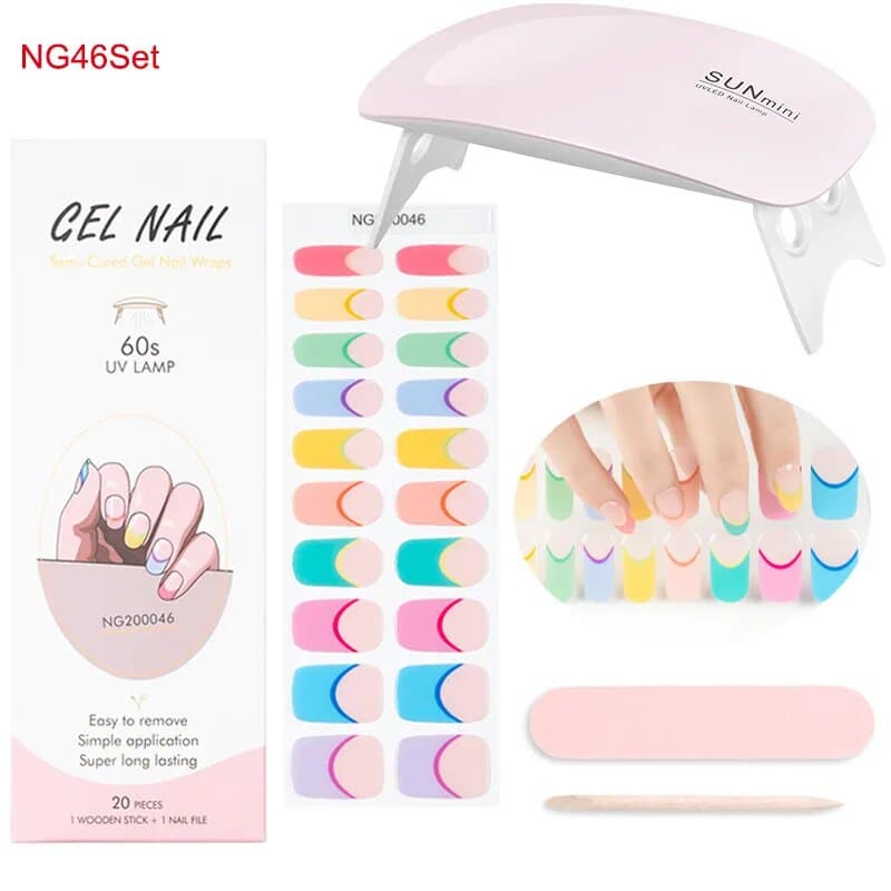 Glitter French UV Gel Nail Sticker Set: Clear Pink, 2Pcs with LED Lamp