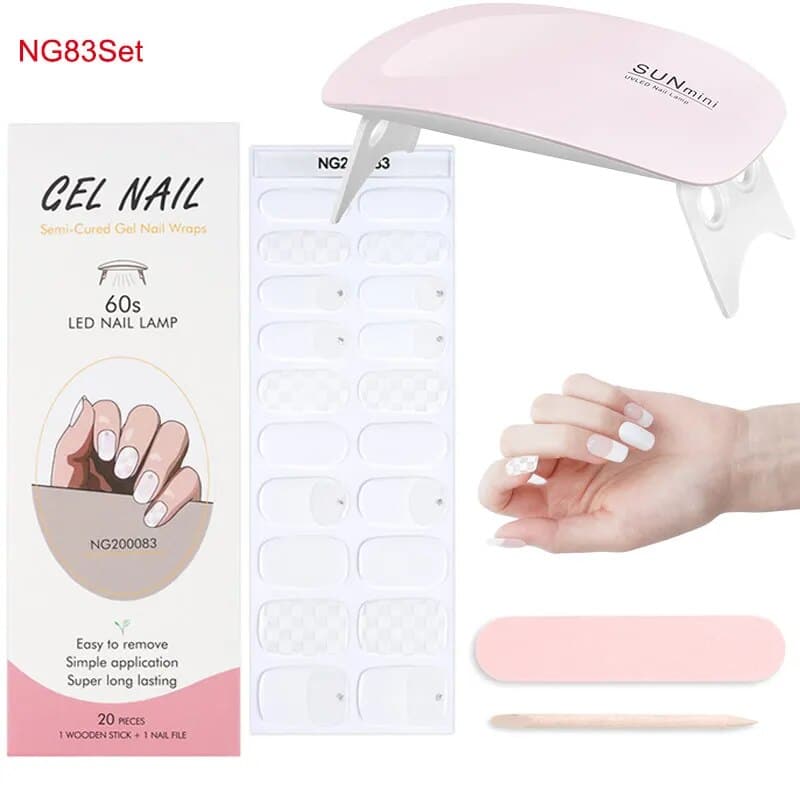 Glitter French UV Gel Nail Sticker Set: Clear Pink, 2Pcs with LED Lamp