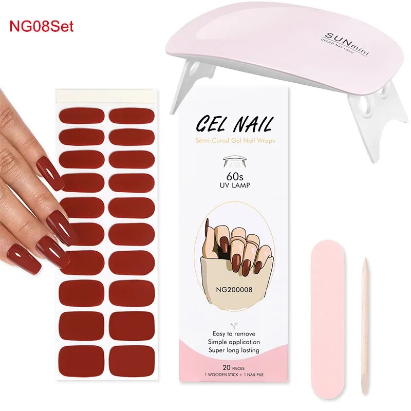 2Pcs Semi Cured Gel Nail Strip Stickers with 6W UV Lamp Designer White French Full Cover Gel Nail Wraps Nail Art Decoration Tips