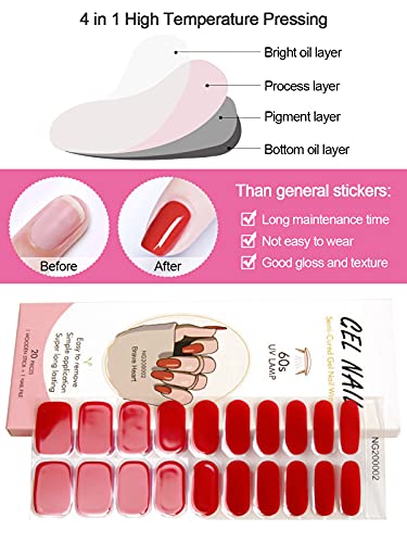 Kalolary 20PCS Semi Cured Gel Nail Polish Strips, Wine Red Adhesive Full Wrap Gel Nail Art Sticker, Waterproof Gel Nail Wrap Stickers with Nail File and Stick（UV/LED Lamp Required）