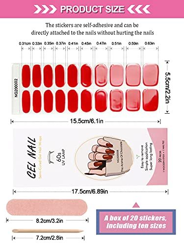 Kalolary 20PCS Semi Cured Gel Nail Polish Strips, Wine Red Adhesive Full Wrap Gel Nail Art Sticker, Waterproof Gel Nail Wrap Stickers with Nail File and Stick（UV/LED Lamp Required）