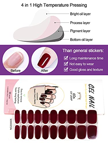 Kalolary 20PCS Semi Cured Gel Nail Polish Strips, Wine Red Adhesive Full Wrap Gel Nail Art Sticker, Waterproof Gel Nail Wrap Stickers with Nail File and Stick（UV/LED Lamp Required）