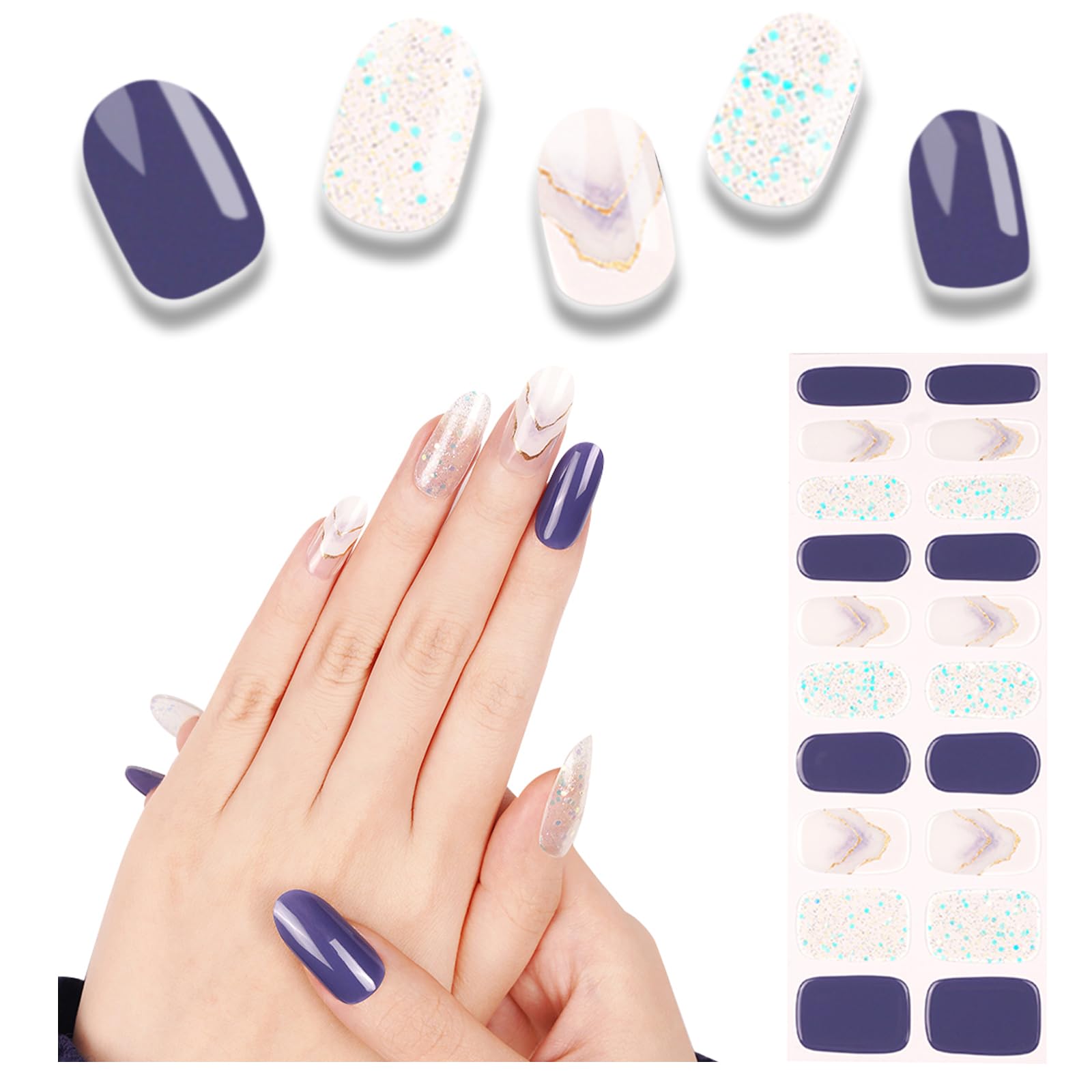 20pcs Semi Cured Gel Nail Strips, Real Nail Polish Art Stickers, Love Adhesive Full Wrap Gel Nail, Waterproof Gel Nail Wrap Stickers with Nail File and Stick（UV/LED Light Required）