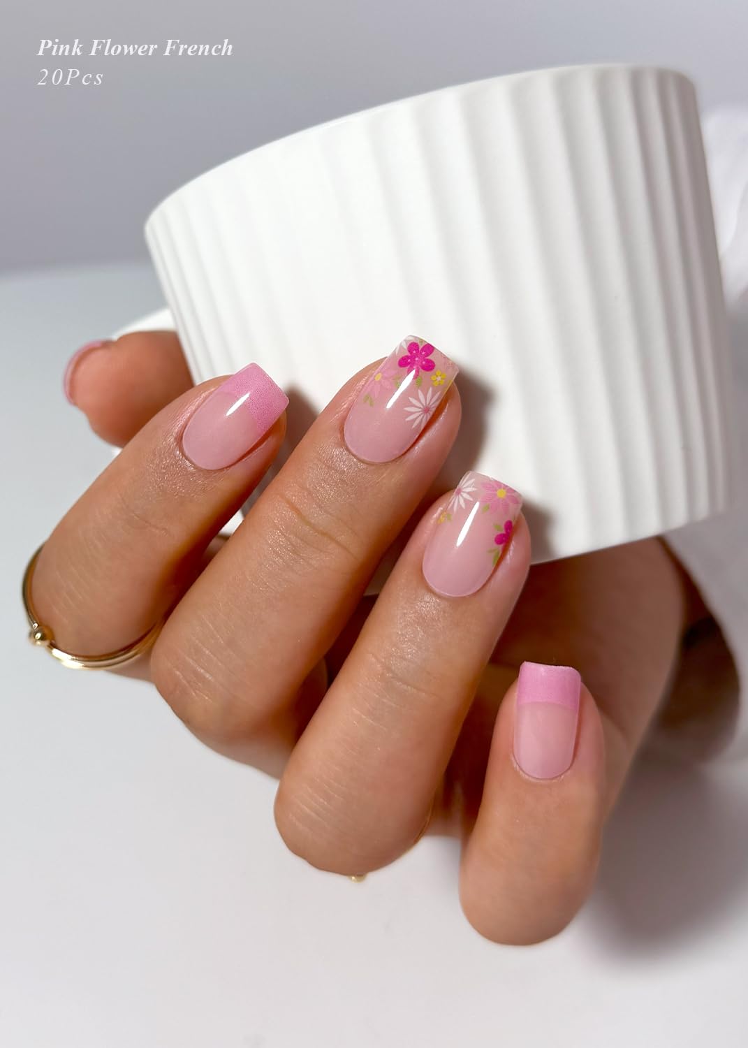 Pink Flower French Tip Nails