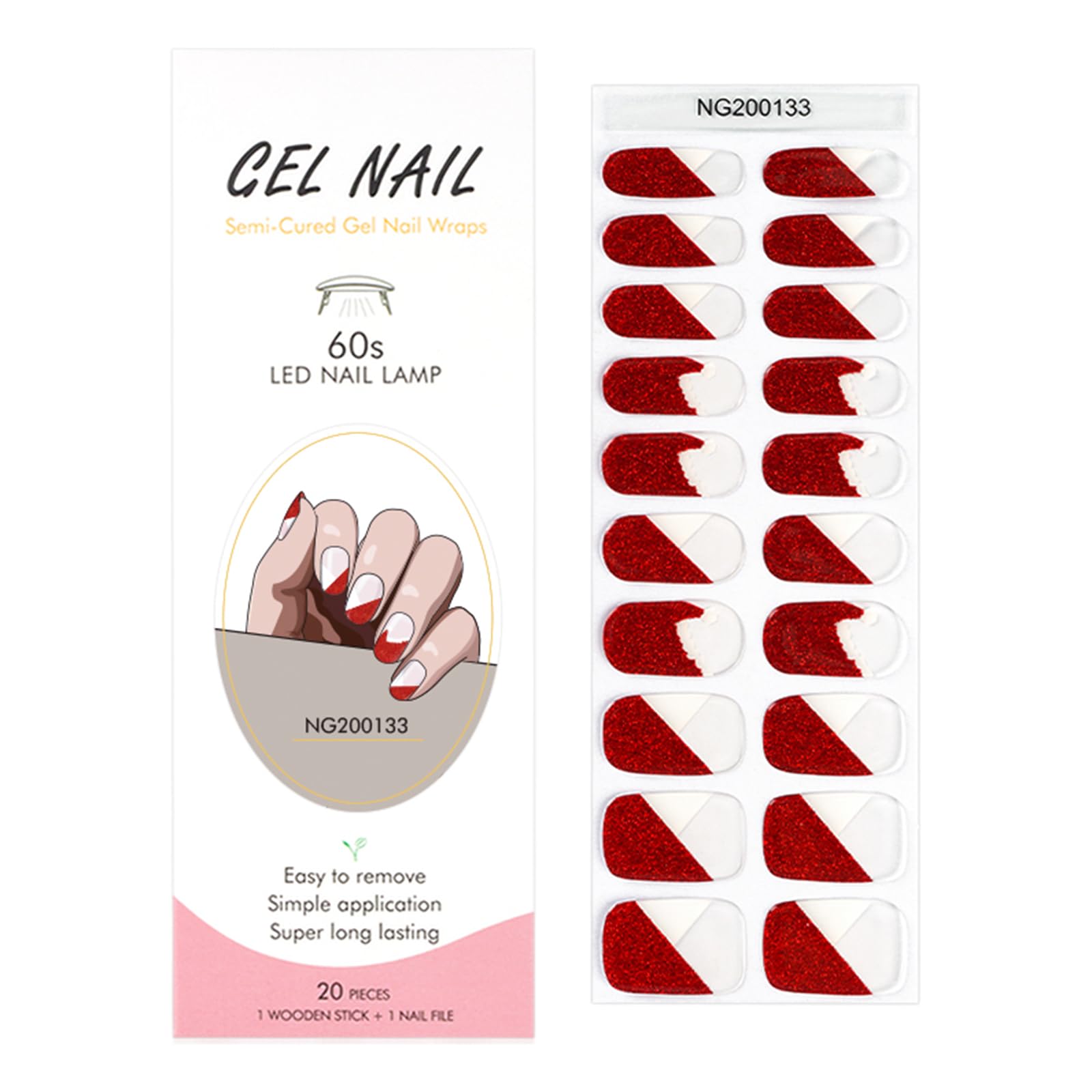 20pcs Semi Cured Gel Nail Strips, Real Nail Polish Art Stickers, Love Adhesive Full Wrap Gel Nail, Waterproof Gel Nail Wrap Stickers with Nail File and Stick（UV/LED Light Required）