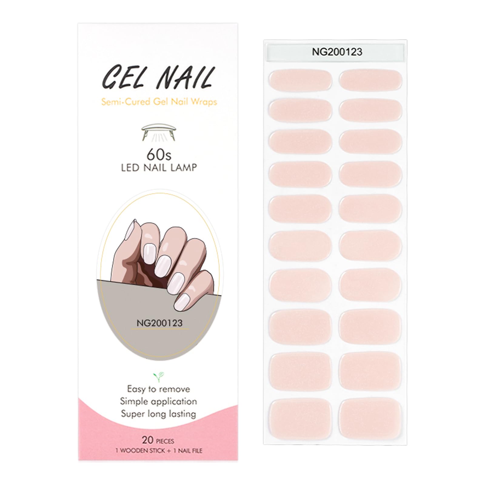 20pcs Semi Cured Gel Nail Strips, Real Nail Polish Art Stickers, Love Adhesive Full Wrap Gel Nail, Waterproof Gel Nail Wrap Stickers with Nail File and Stick（UV/LED Light Required）