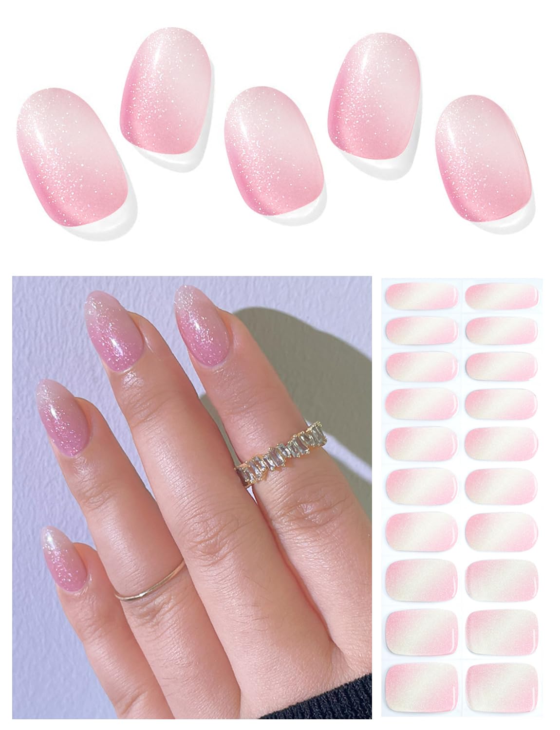 Semi Cured Gel Nail Strips - French Pink Flower Hydrangea Nail Wraps, 20pcs, UV Ready for DIY Nails