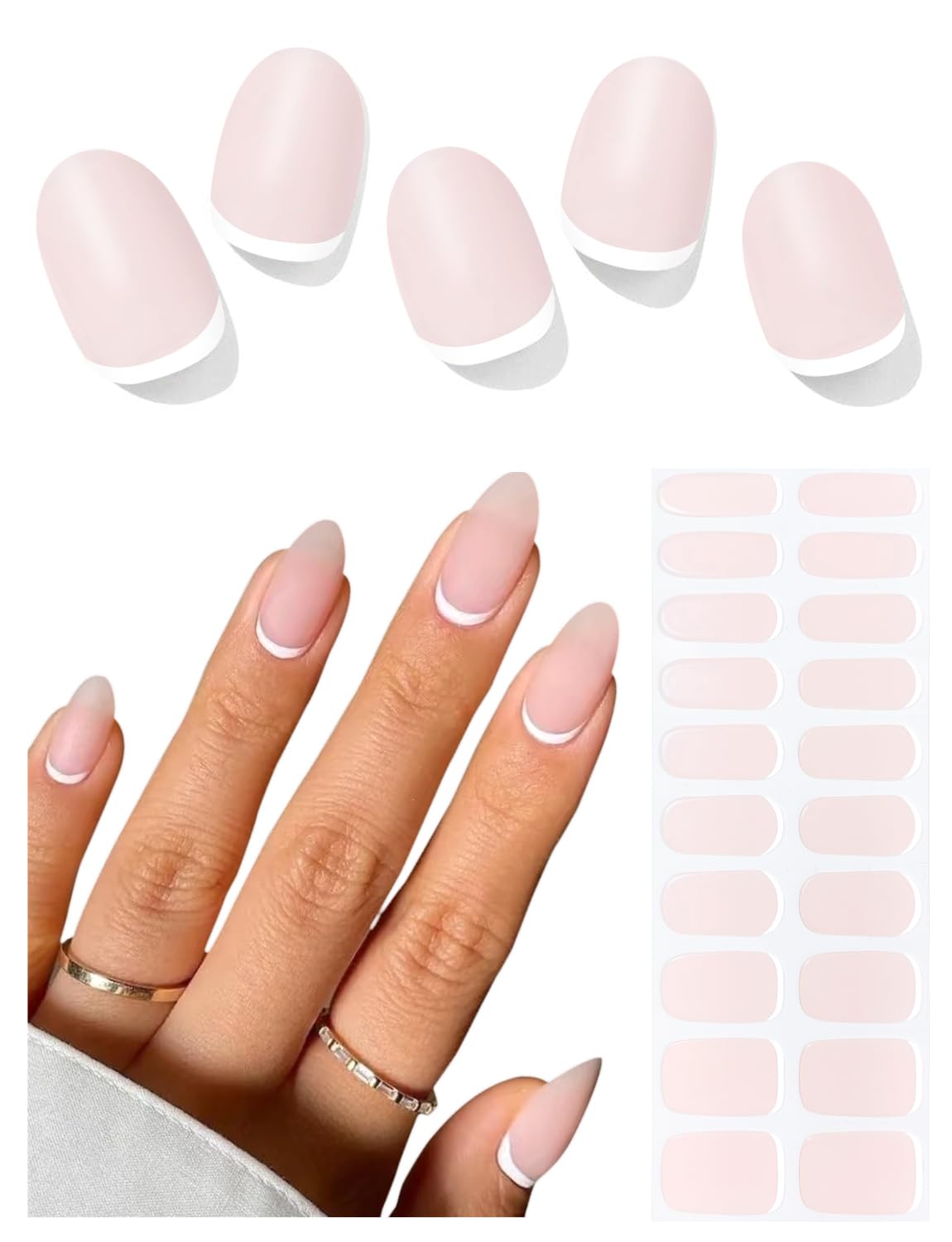 Semi Cured Gel Nail Strips (Gold End), Gold Foil Line Design, Nude, 20 Pcs Gel Nail Wraps, Stickers, UV Light Required, Salon Quality, Long Lasting