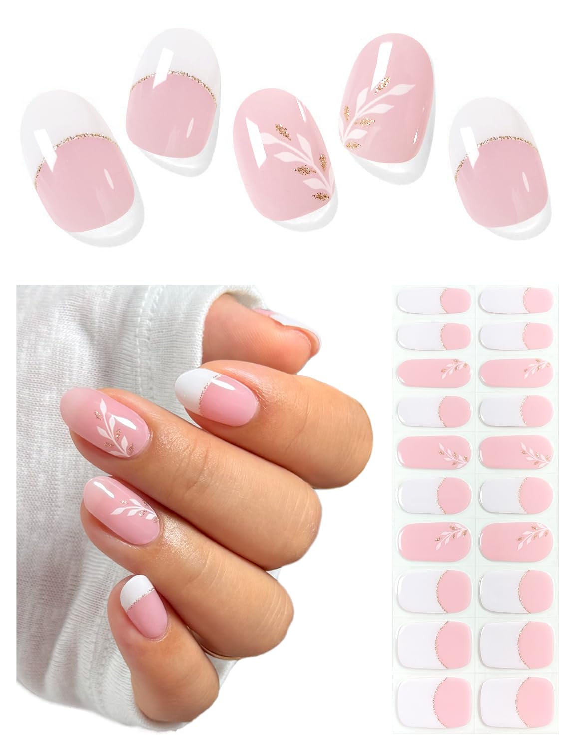 Semi Cured Gel Nail Strips (Gold End), Gold Foil Line Design, Nude, 20 Pcs Gel Nail Wraps, Stickers, UV Light Required, Salon Quality, Long Lasting