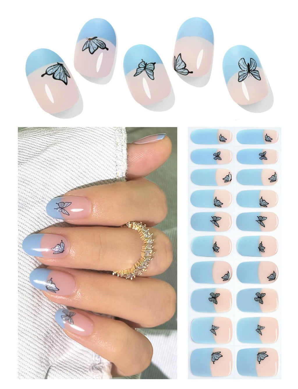 Semi Cured Gel Nail Strips - French Pink Flower Hydrangea Nail Wraps, 20pcs, UV Ready for DIY Nails