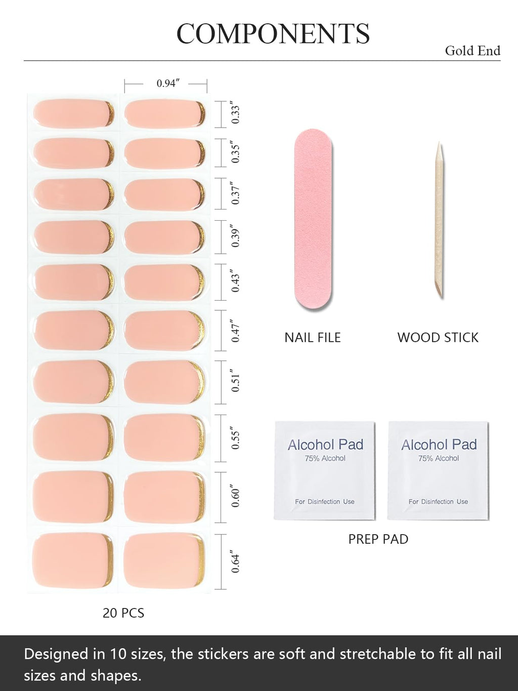 Semi Cured Gel Nail Strips (Gold End), Gold Foil Line Design, Nude, 20 Pcs Gel Nail Wraps, Stickers, UV Light Required, Salon Quality, Long Lasting