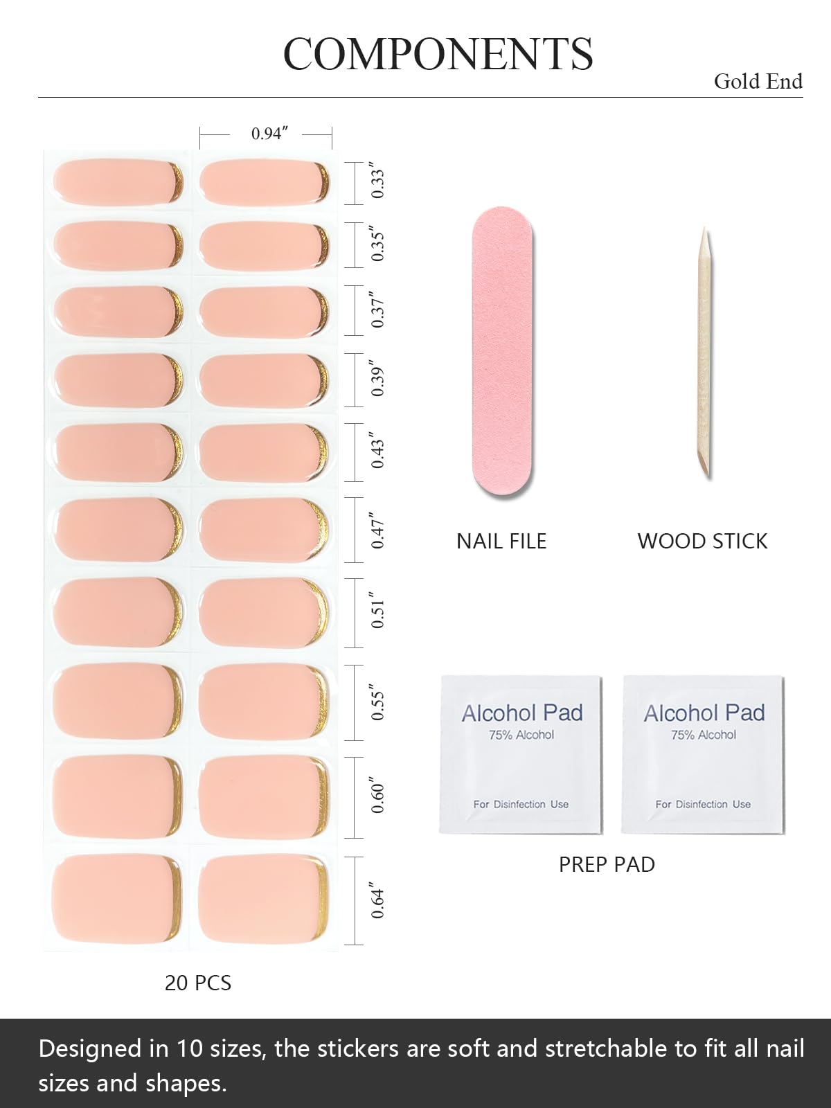 Semi Cured Gel Nail Strips (Gold End), Gold Foil Line Design, Nude, 20 Pcs Gel Nail Wraps, Stickers, UV Light Required, Salon Quality, Long Lasting