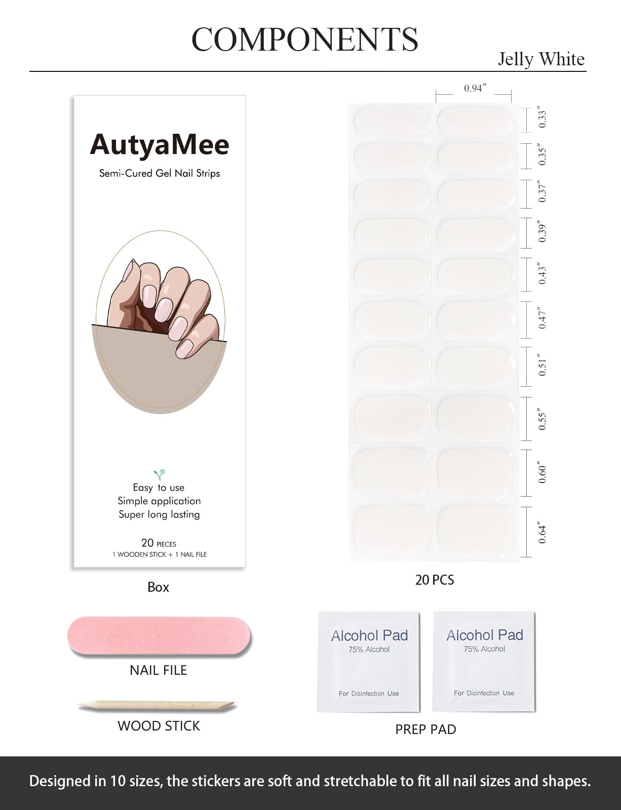 Semi Cured Gel Nail Strips (Clear), Transparent, 20 Pcs Gel Nail Wraps, Stickers, UV Light Required, Salon Quality, Long Lasting