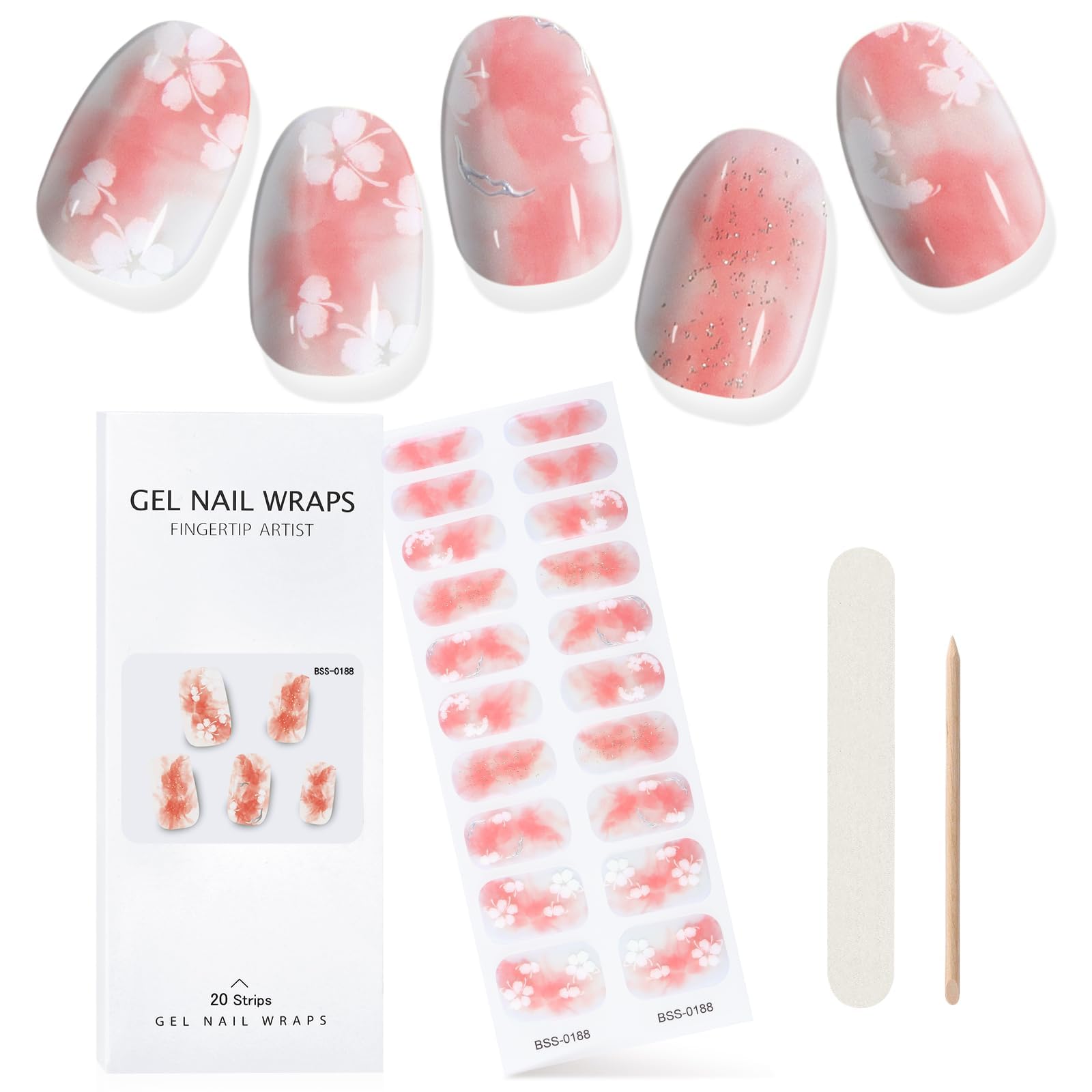 EBANKU Cured Gel Nail Strips, 20Pcs Red Glitter Gradient Gel Nail Polish Stickers for Women Girls, Salon Quality Gel Nail Wraps with Nail File and Stick （UV/LED Lamp Required）