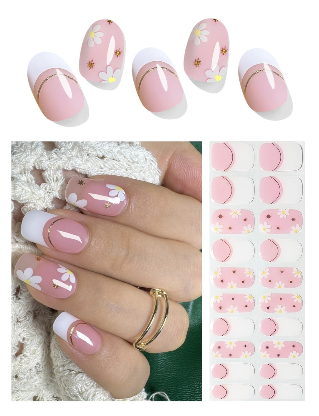 Semi Cured Gel Nail Strips - French Pink Flower Hydrangea Nail Wraps, 20pcs, UV Ready for DIY Nails