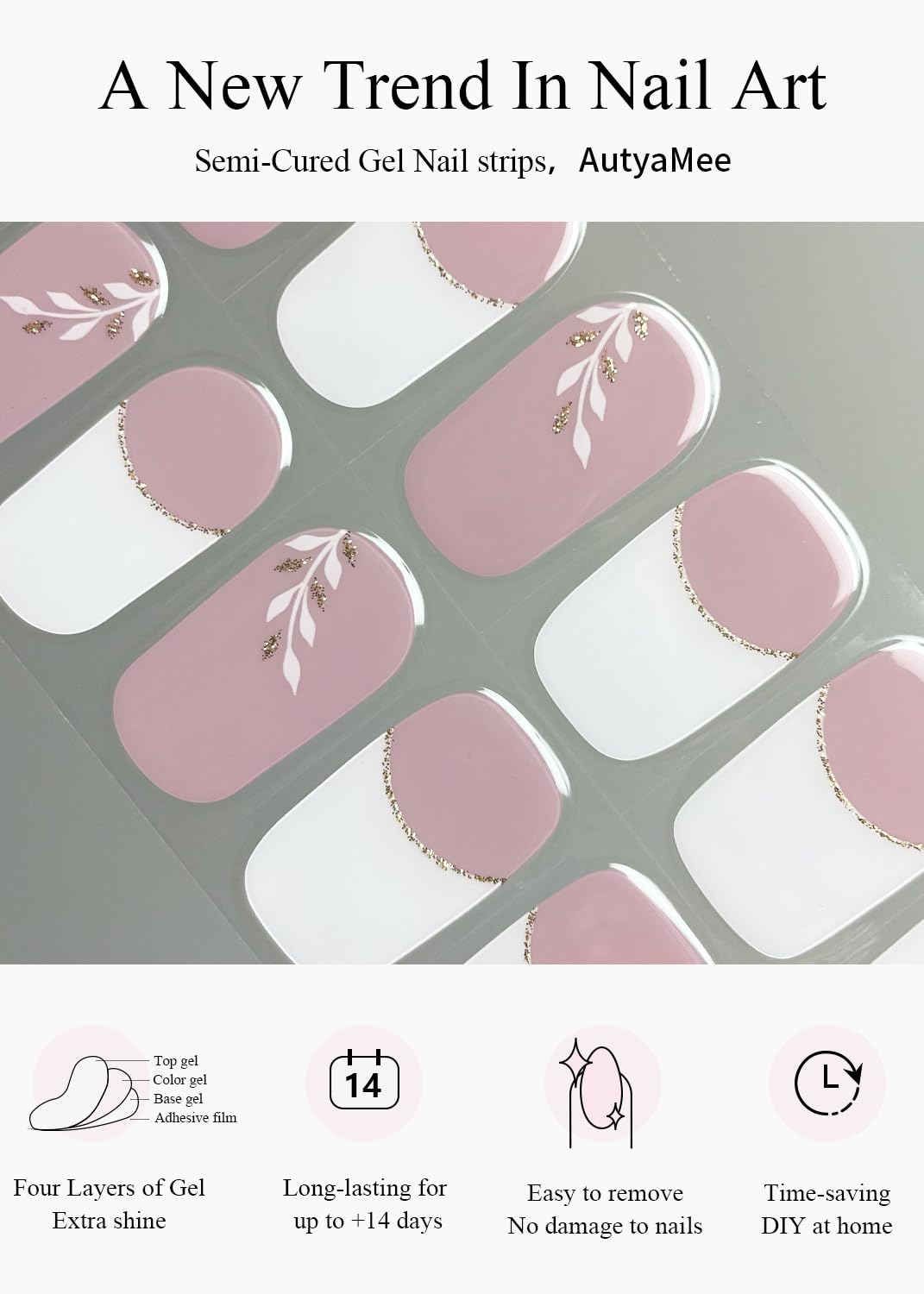 Semi Cured Gel Nail Strips (Gold End), Gold Foil Line Design, Nude, 20 Pcs Gel Nail Wraps, Stickers, UV Light Required, Salon Quality, Long Lasting