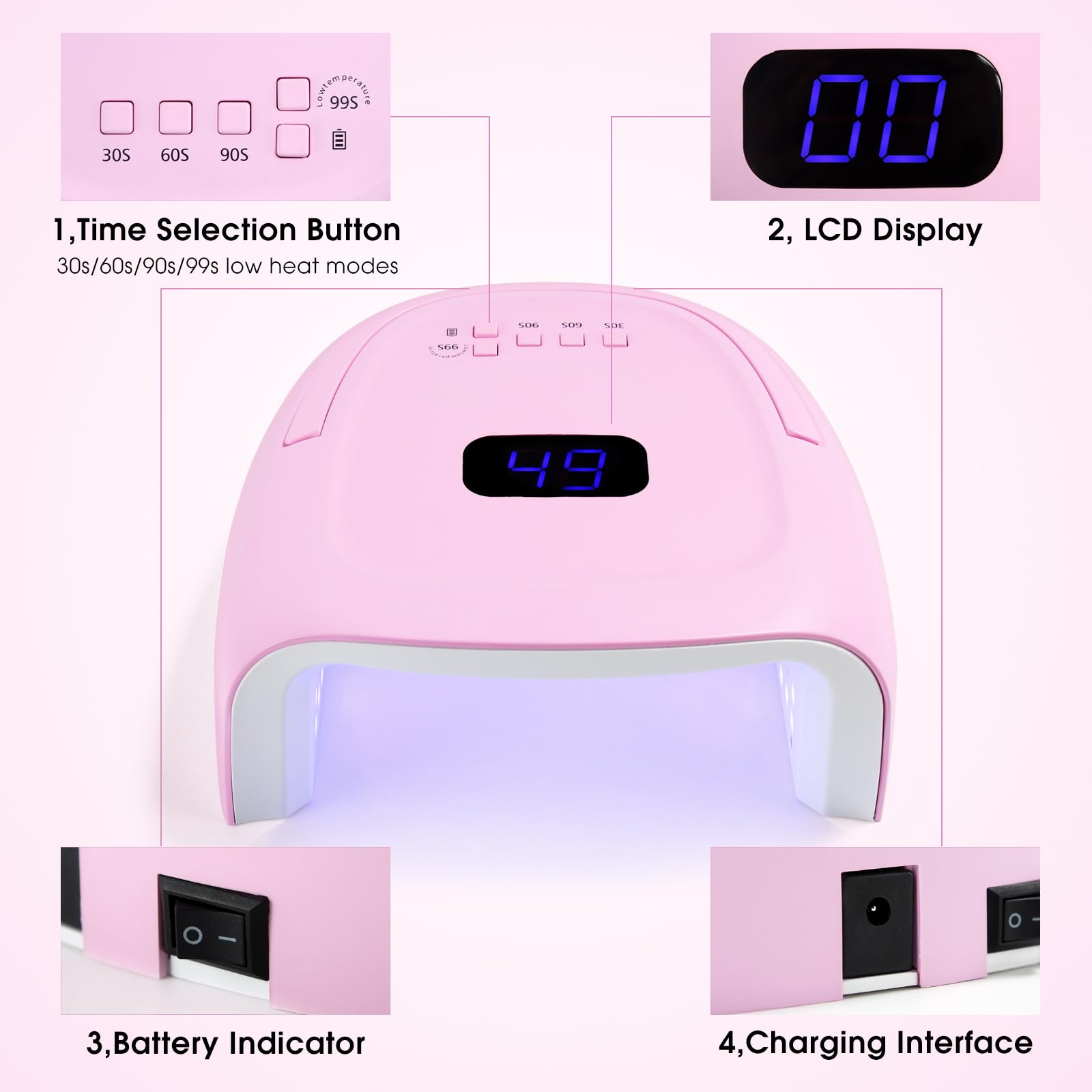 Rechargeable UV LED Nail Lamp, 60W UV Led Nail Light for Gel Nails, Auto Sensor and 4 Timer Settings, Professional Nail Art Tools with Automatic Sensor, LCD Display