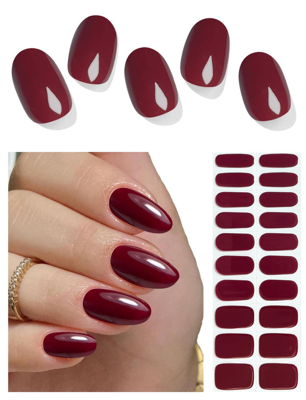 Semi Cured Gel Nail Strips (Cherry Red)-20 PCS Wine Red Gel Nail Stickers | UV Light required | Gel Nail Wraps, Salon Quality & Easy To Use