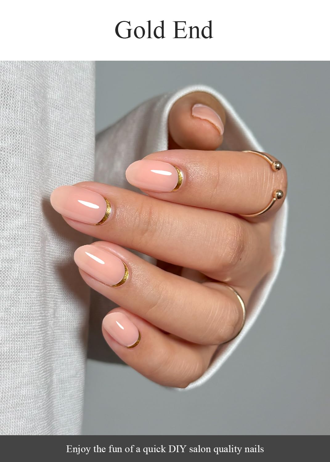 Semi Cured Gel Nail Strips (Gold End), Gold Foil Line Design, Nude, 20 Pcs Gel Nail Wraps, Stickers, UV Light Required, Salon Quality, Long Lasting