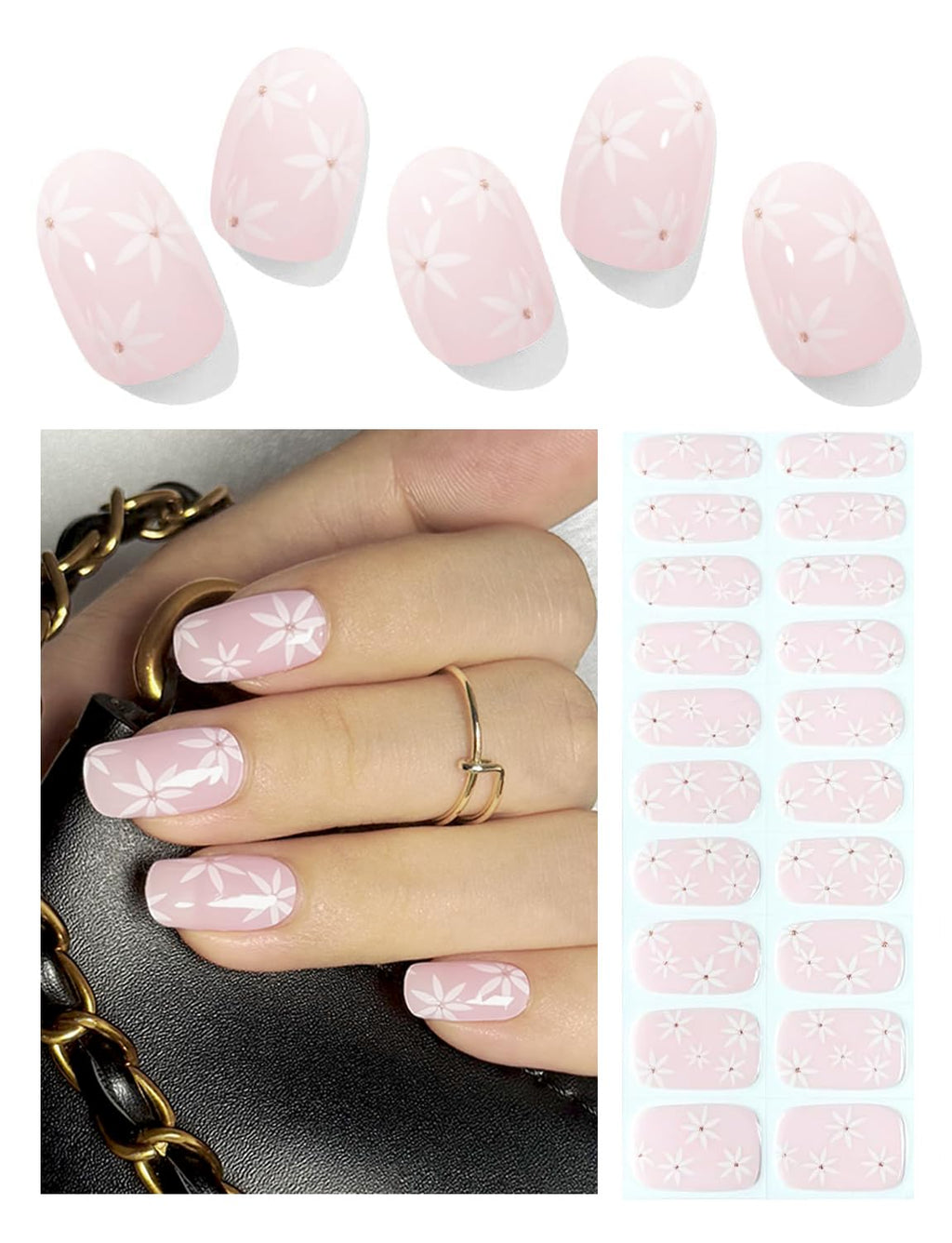 Semi Cured Gel Nail Strips - French Pink Flower Hydrangea Nail Wraps, 20pcs, UV Ready for DIY Nails