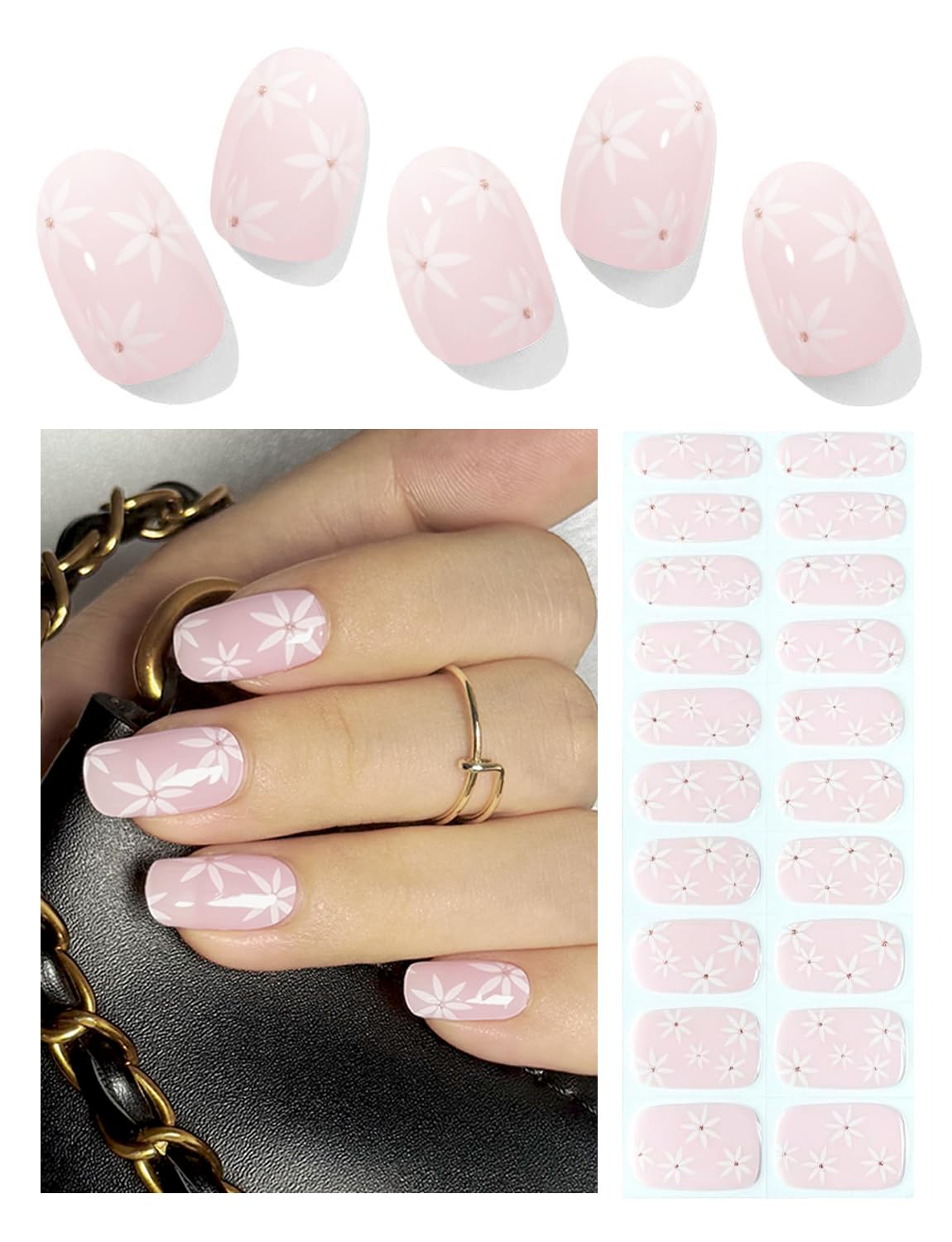 Semi Cured Gel Nail Strips - French Pink Flower Hydrangea Nail Wraps, 20pcs, UV Ready for DIY Nails