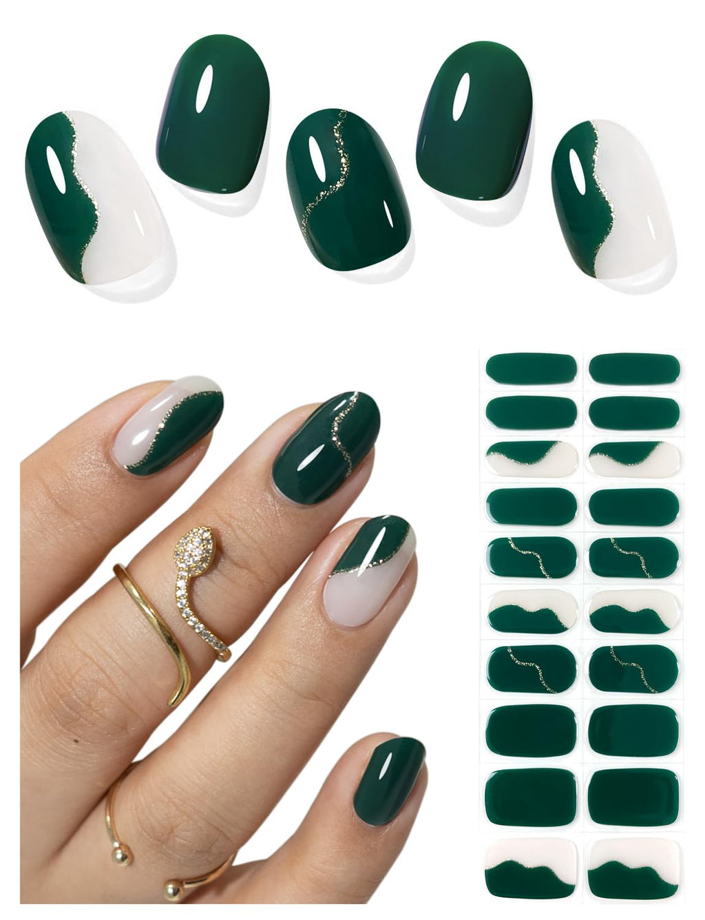 Semi Cured Gel Nail Strips (Gold End), Gold Foil Line Design, Nude, 20 Pcs Gel Nail Wraps, Stickers, UV Light Required, Salon Quality, Long Lasting