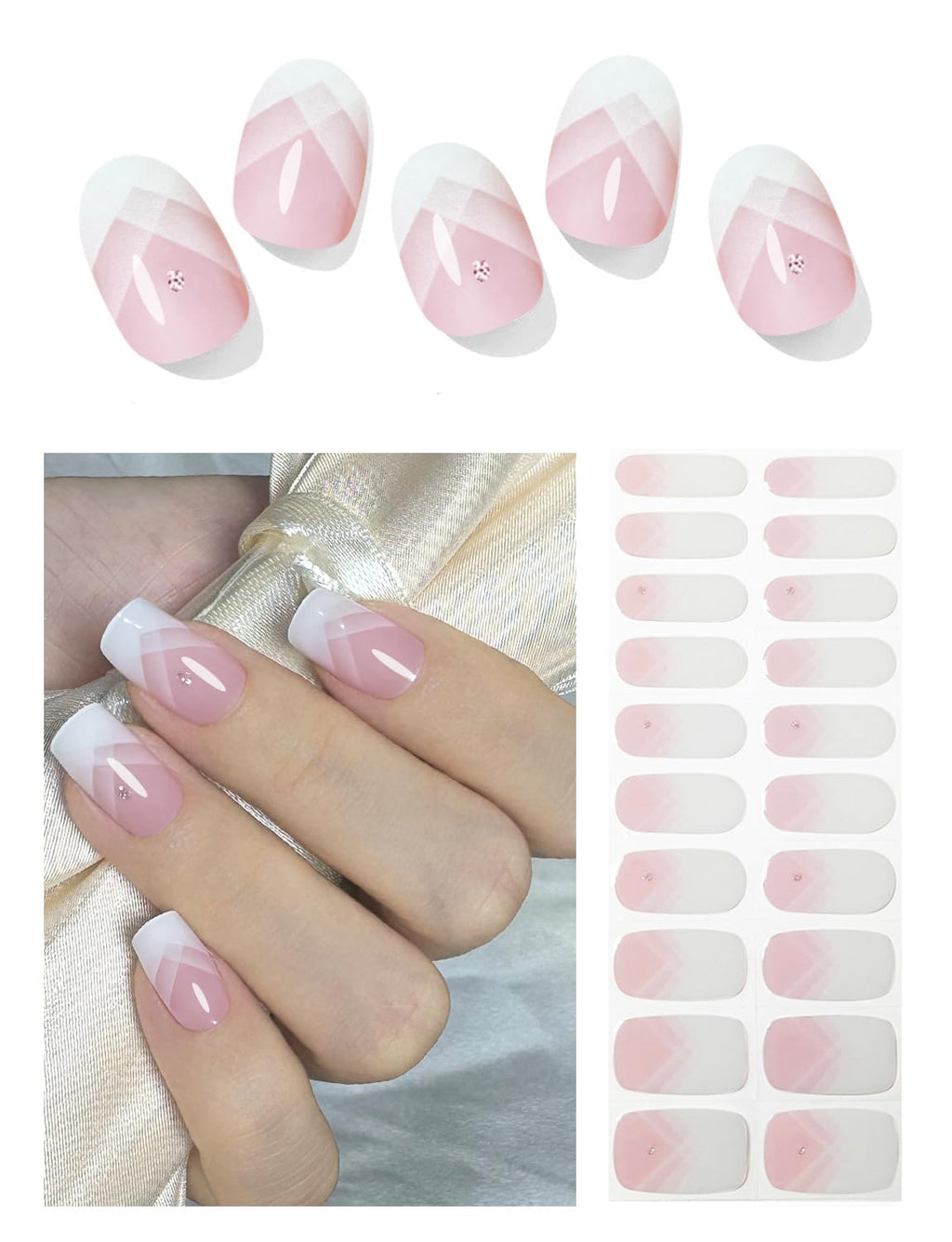 Semi Cured Gel Nail Strips - French Pink Flower Hydrangea Nail Wraps, 20pcs, UV Ready for DIY Nails