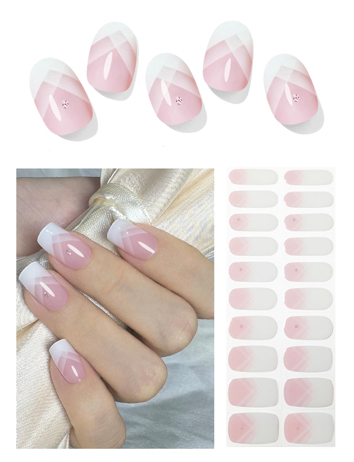 Semi Cured Gel Nail Strips - French Pink Flower Hydrangea Nail Wraps, 20pcs, UV Ready for DIY Nails