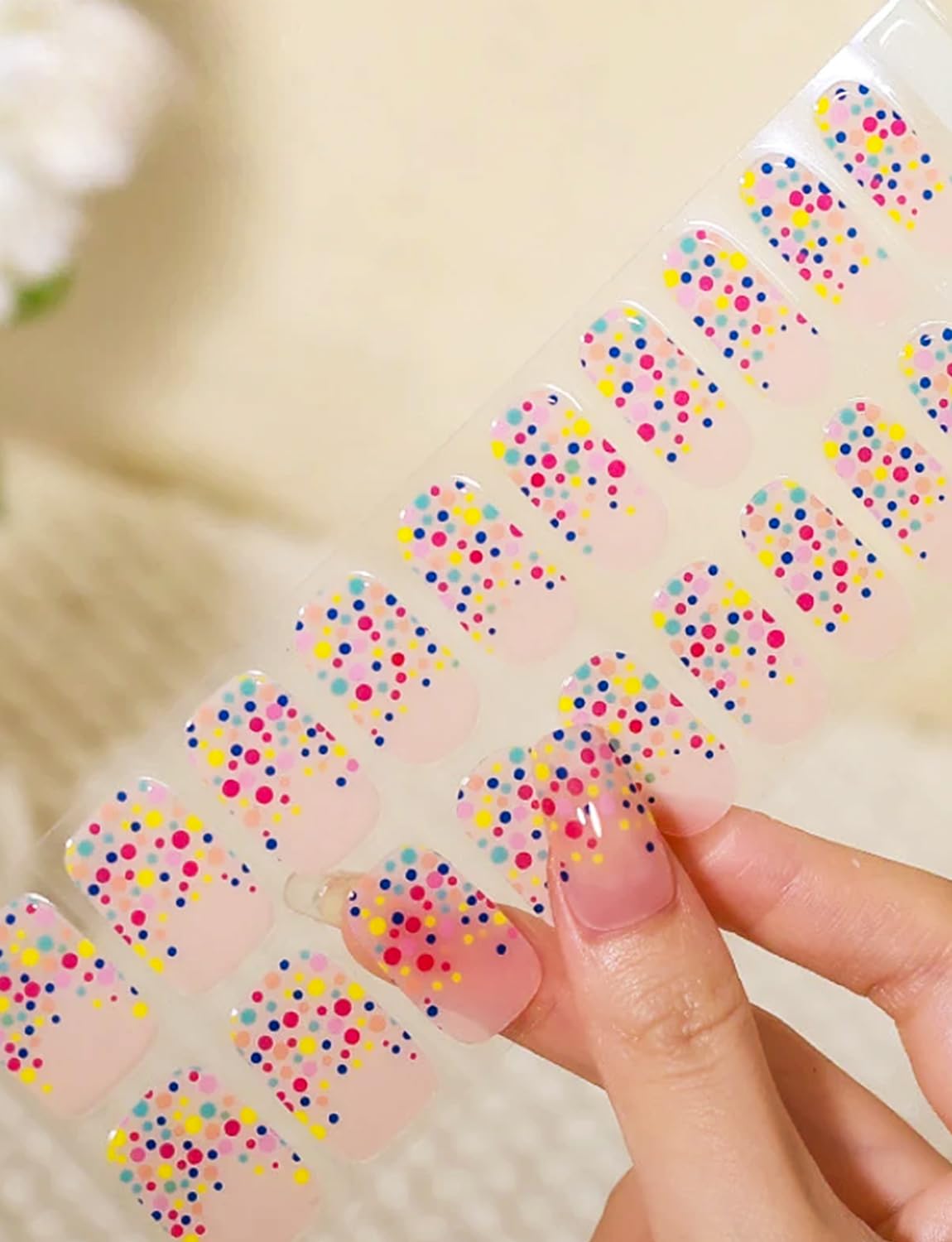 Semi Cured Gel Nail Strips - French Pink Flower Hydrangea Nail Wraps, 20pcs, UV Ready for DIY Nails