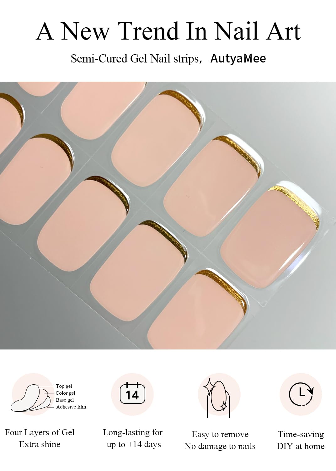 Semi Cured Gel Nail Strips (Gold End), Gold Foil Line Design, Nude, 20 Pcs Gel Nail Wraps, Stickers, UV Light Required, Salon Quality, Long Lasting