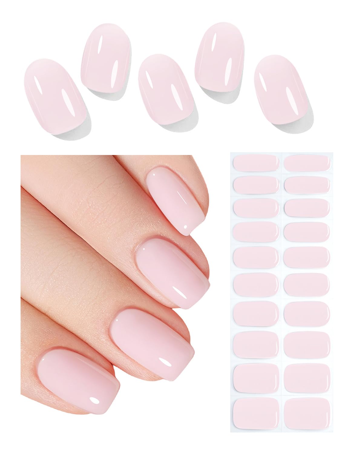 Semi Cured Gel Nail Strips - French Pink Flower Hydrangea Nail Wraps, 20pcs, UV Ready for DIY Nails