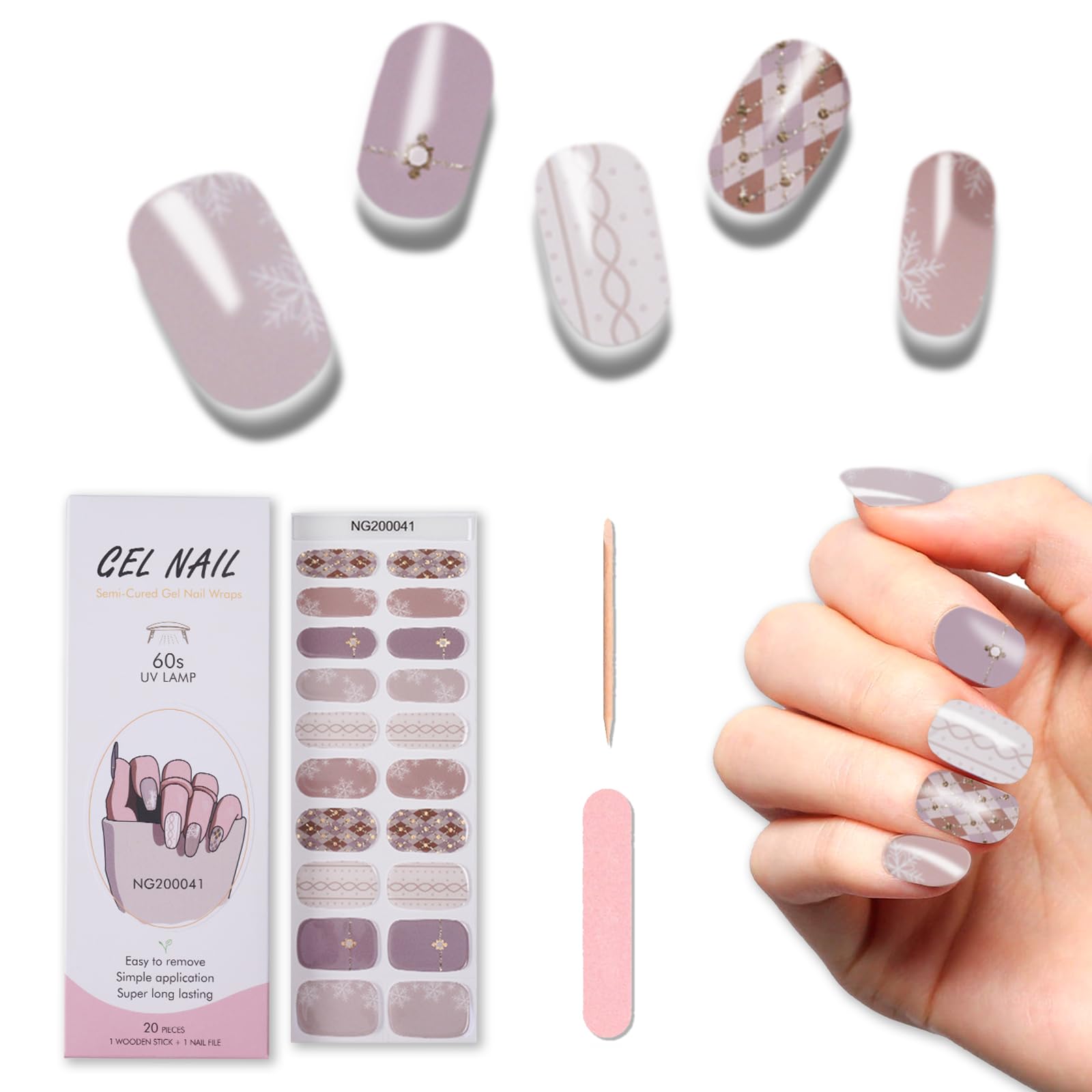 20pcs Semi Cured Gel Nail Strips, Real Nail Polish Art Stickers, Love Adhesive Full Wrap Gel Nail, Waterproof Gel Nail Wrap Stickers with Nail File and Stick（UV/LED Light Required）