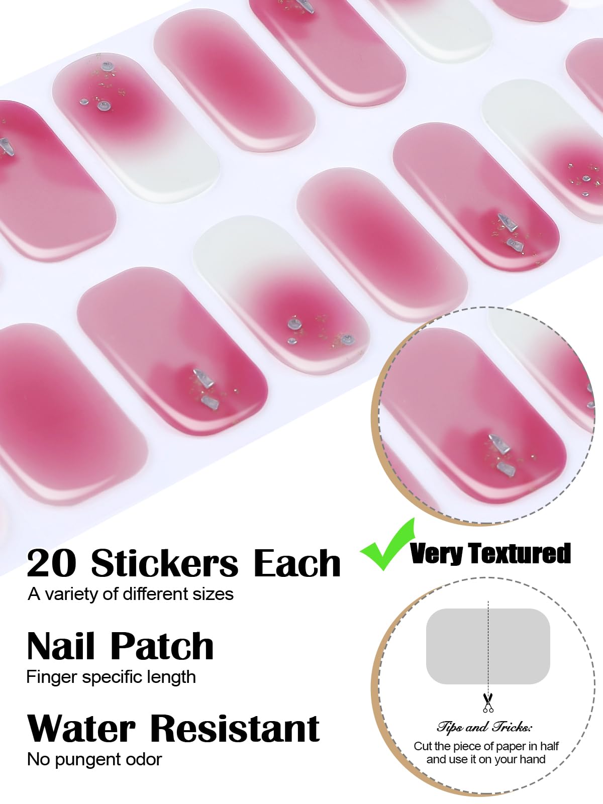 EBANKU Cured Gel Nail Strips, 20Pcs Red Glitter Gradient Gel Nail Polish Stickers for Women Girls, Salon Quality Gel Nail Wraps with Nail File and Stick （UV/LED Lamp Required）