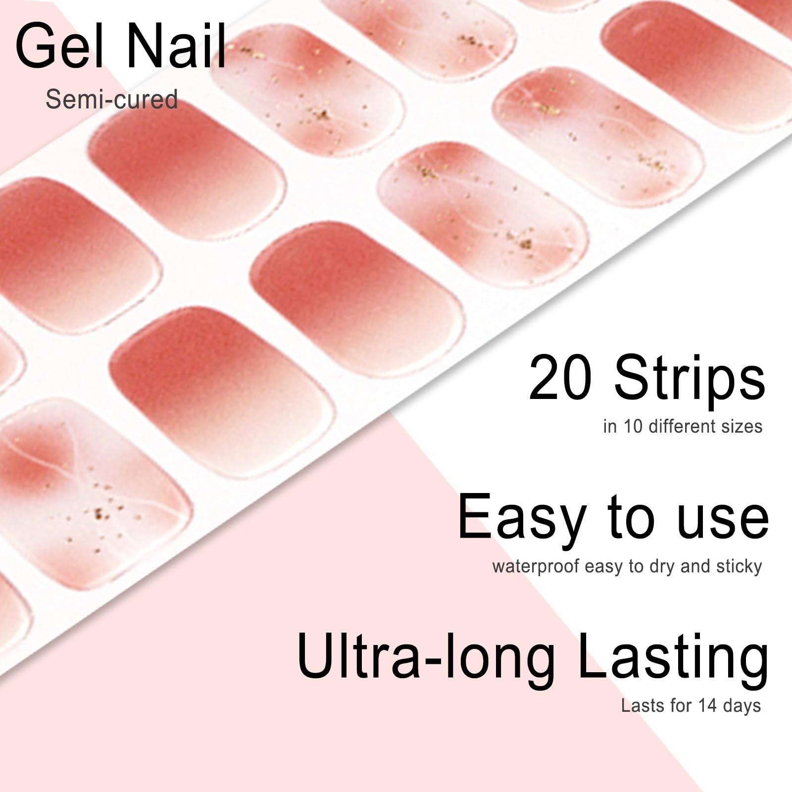 20pcs Semi Cured Gel Nail Strips, Real Nail Polish Art Stickers, Love Adhesive Full Wrap Gel Nail, Waterproof Gel Nail Wrap Stickers with Nail File and Stick（UV/LED Light Required）