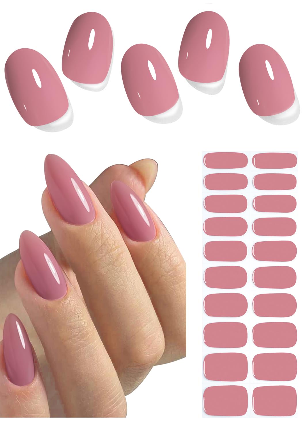 Semi Cured Gel Nail Strips - French Pink Flower Hydrangea Nail Wraps, 20pcs, UV Ready for DIY Nails