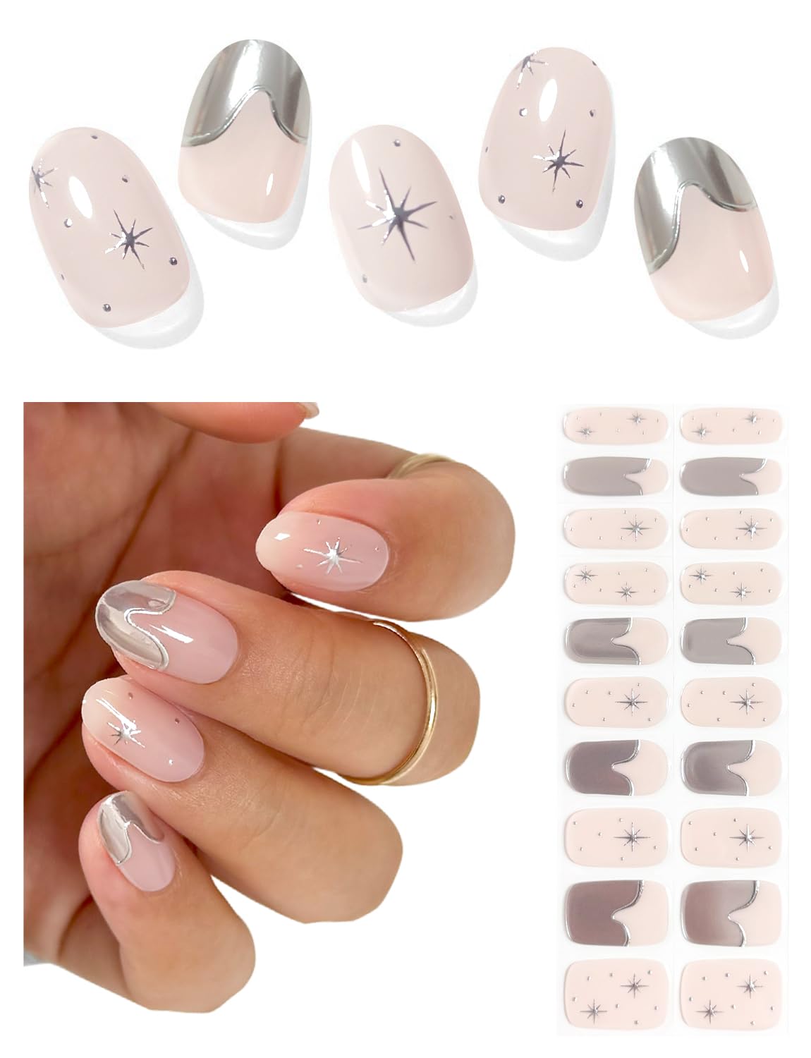Semi Cured Gel Nail Strips (Gold End), Gold Foil Line Design, Nude, 20 Pcs Gel Nail Wraps, Stickers, UV Light Required, Salon Quality, Long Lasting