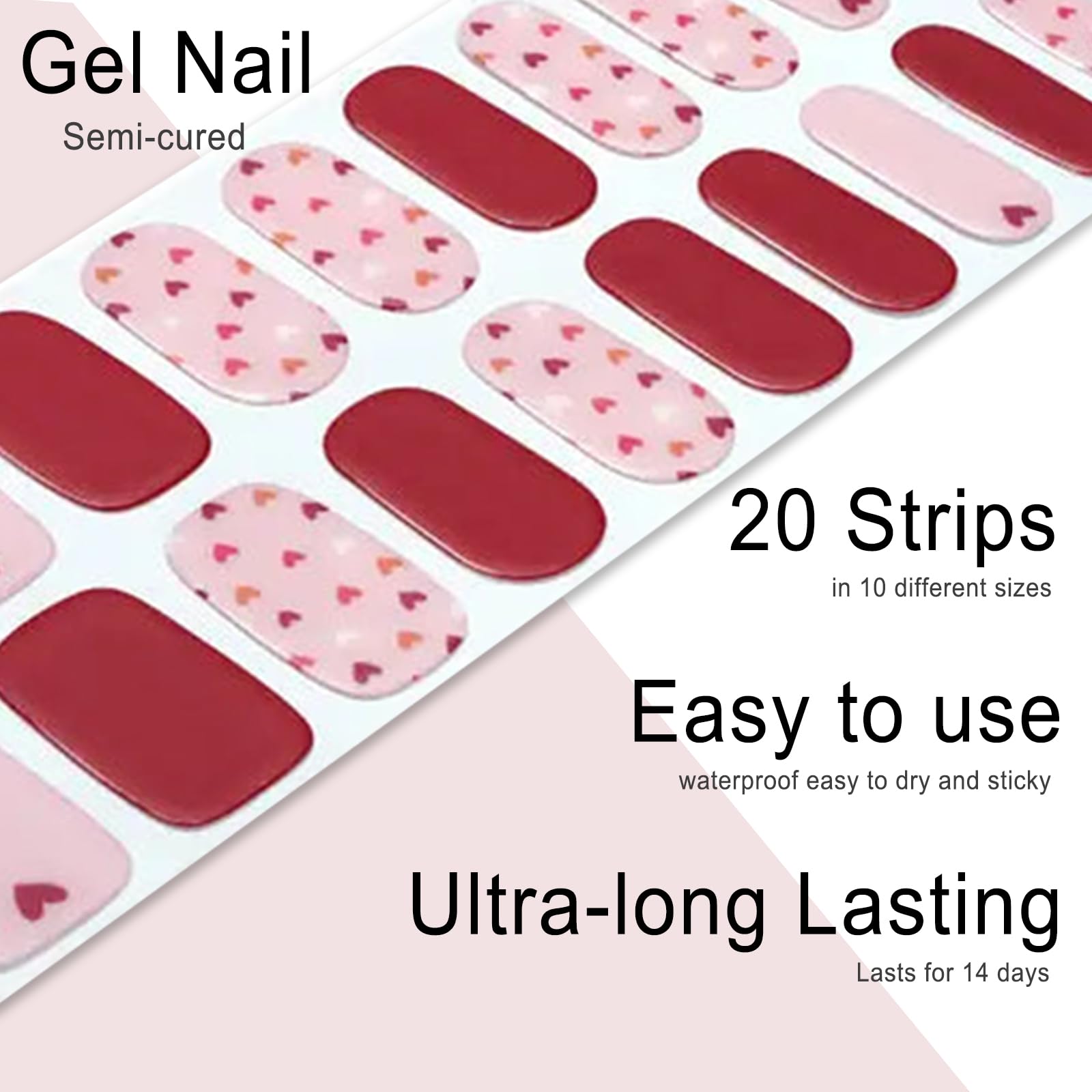 20pcs Semi Cured Gel Nail Strips, Real Nail Polish Art Stickers, Love Adhesive Full Wrap Gel Nail, Waterproof Gel Nail Wrap Stickers with Nail File and Stick（UV/LED Light Required）