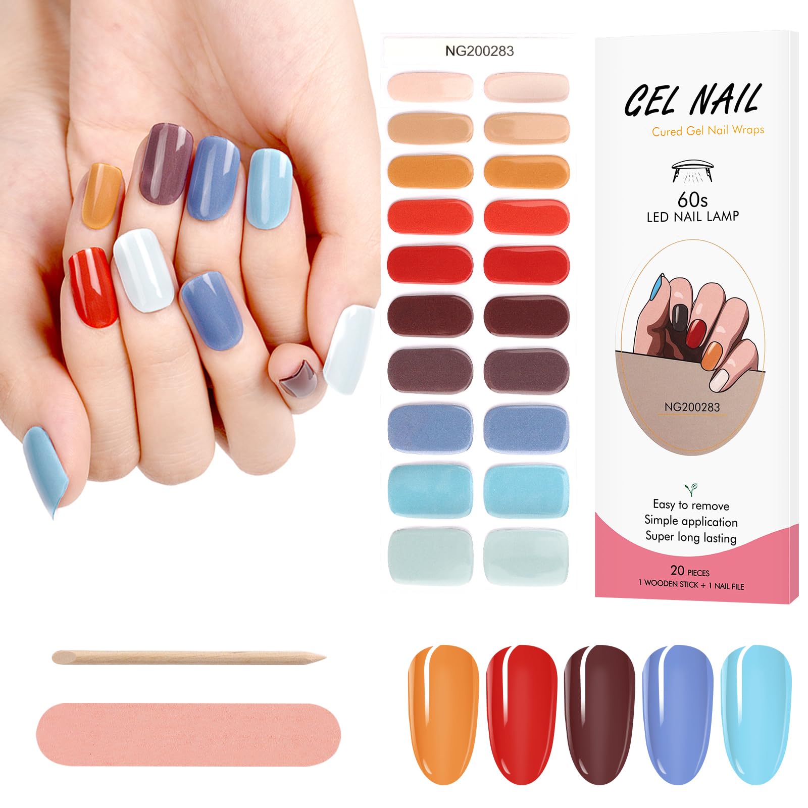 Kalolary 20PCS Semi Cured Gel Nail Polish Strips, Wine Red Adhesive Full Wrap Gel Nail Art Sticker, Waterproof Gel Nail Wrap Stickers with Nail File and Stick（UV/LED Lamp Required）