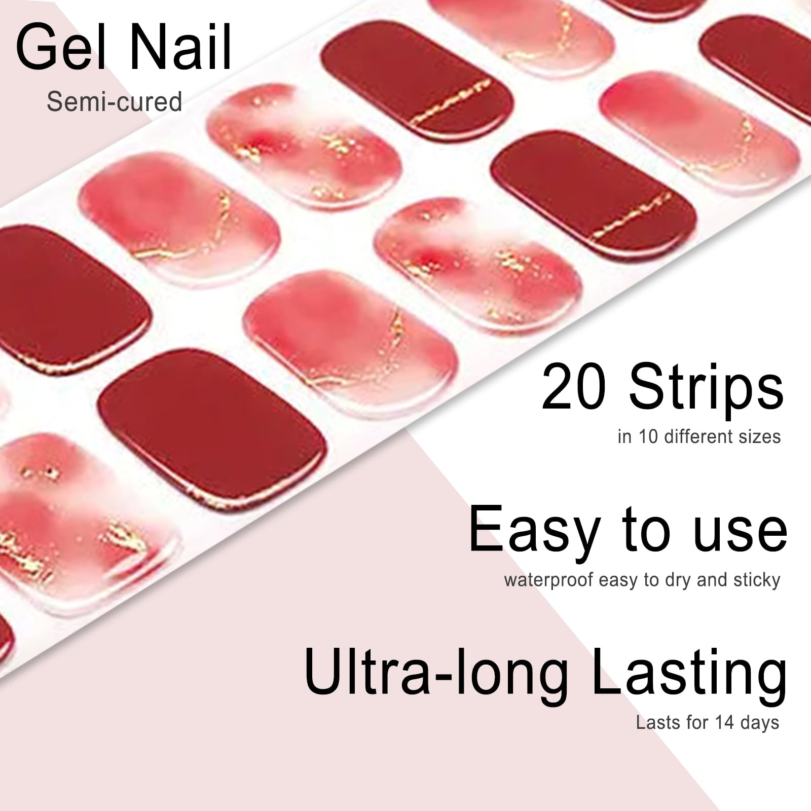 20pcs Semi Cured Gel Nail Strips, Real Nail Polish Art Stickers, Love Adhesive Full Wrap Gel Nail, Waterproof Gel Nail Wrap Stickers with Nail File and Stick（UV/LED Light Required）